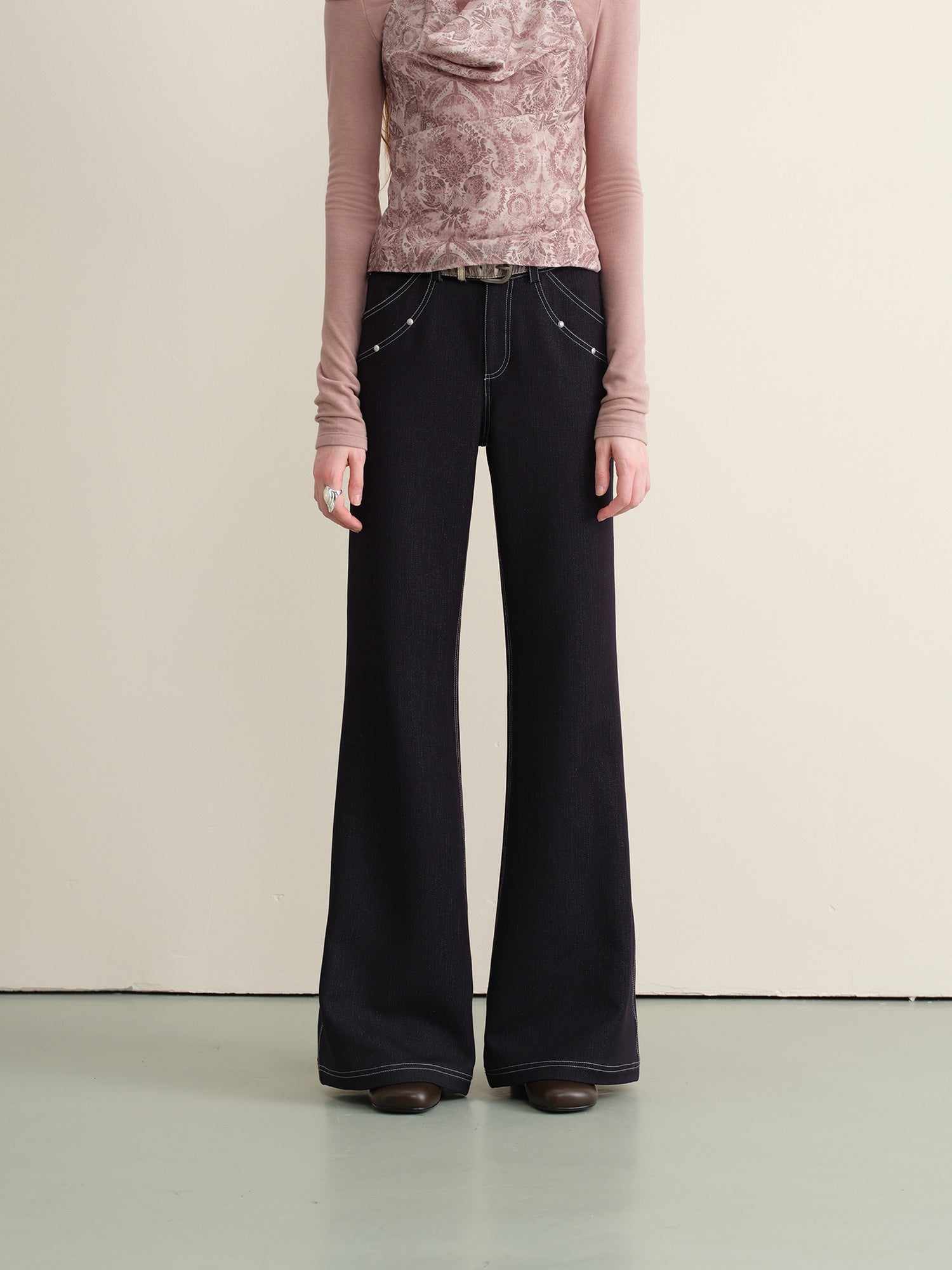 someone sometimes Stretch Minimal Natural Waist Topstitch Detail Women Midnight Blue Flared Jeans