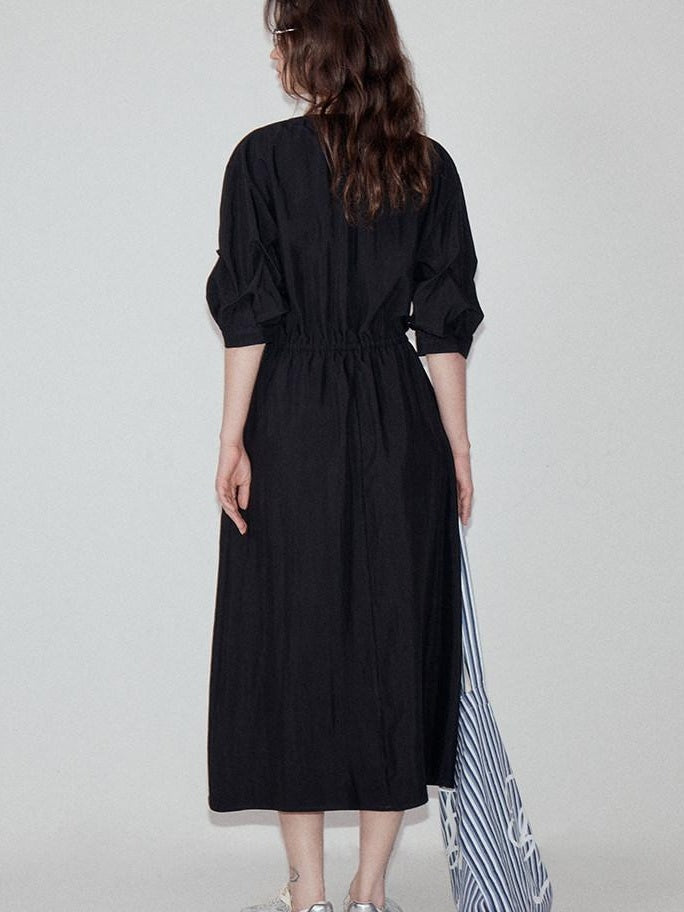 fano Flattering Tied Waist Workwear A Line V-neck Women Viscose Nylon Black Maxi Dresses