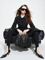audreyyang Vintage Loose Square Neck Long Sleeve Midi Cardigan Black Polyester Blouses