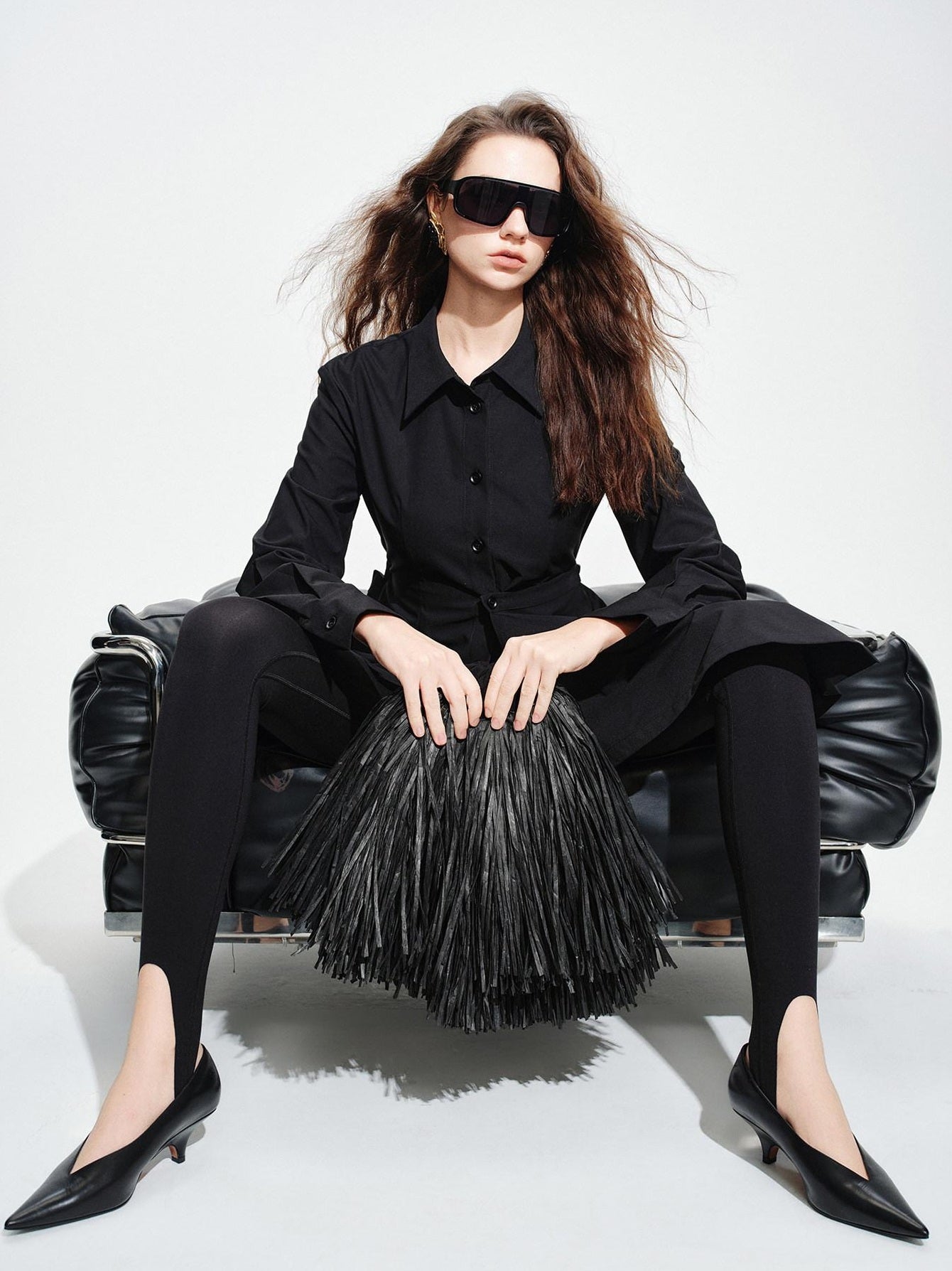 audreyyang Vintage Loose Square Neck Long Sleeve Midi Cardigan Black Polyester Blouses