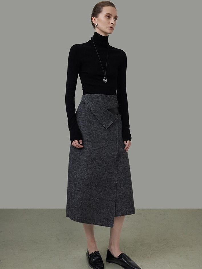 unspoken Wool Blend Lined Asymmetric Aline Mid Waist Minimal Workwear Women Midi Skirts