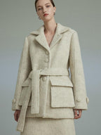 unspoken Porcelain White Wool Blend Minimal Office Single Breasted Notch Top & Skirt Sets