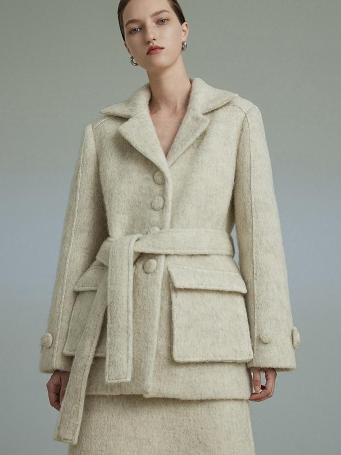 unspoken Porcelain White Wool Blend Minimal Office Single Breasted Notch Top & Skirt Sets
