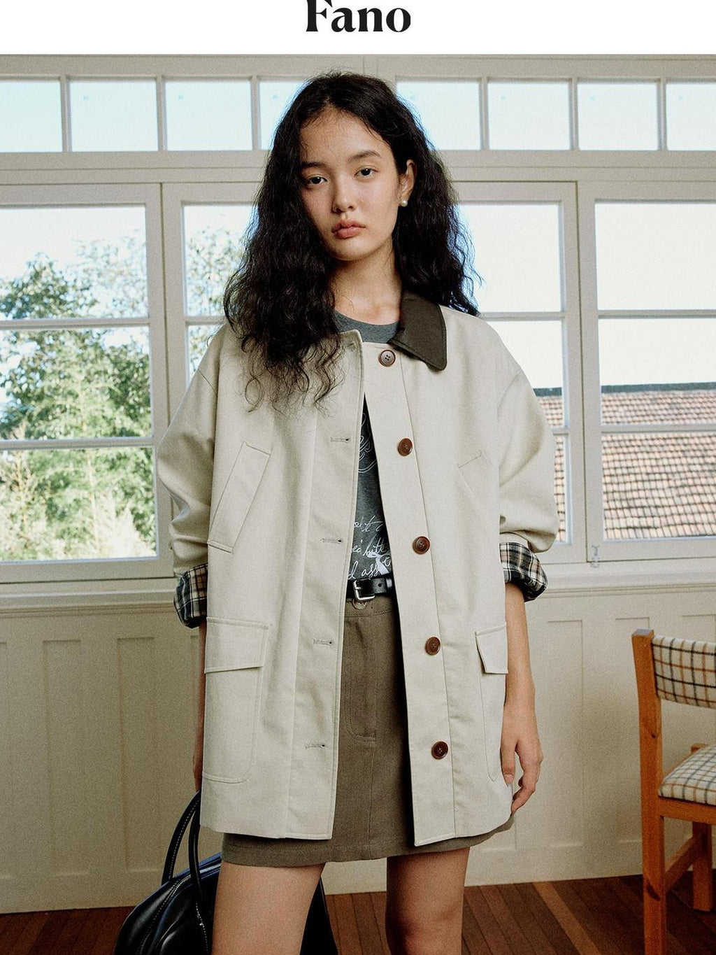 fano Patchwork Loose Fit Korean Casual 100 Percent Cotton Green Khaki Short Coat