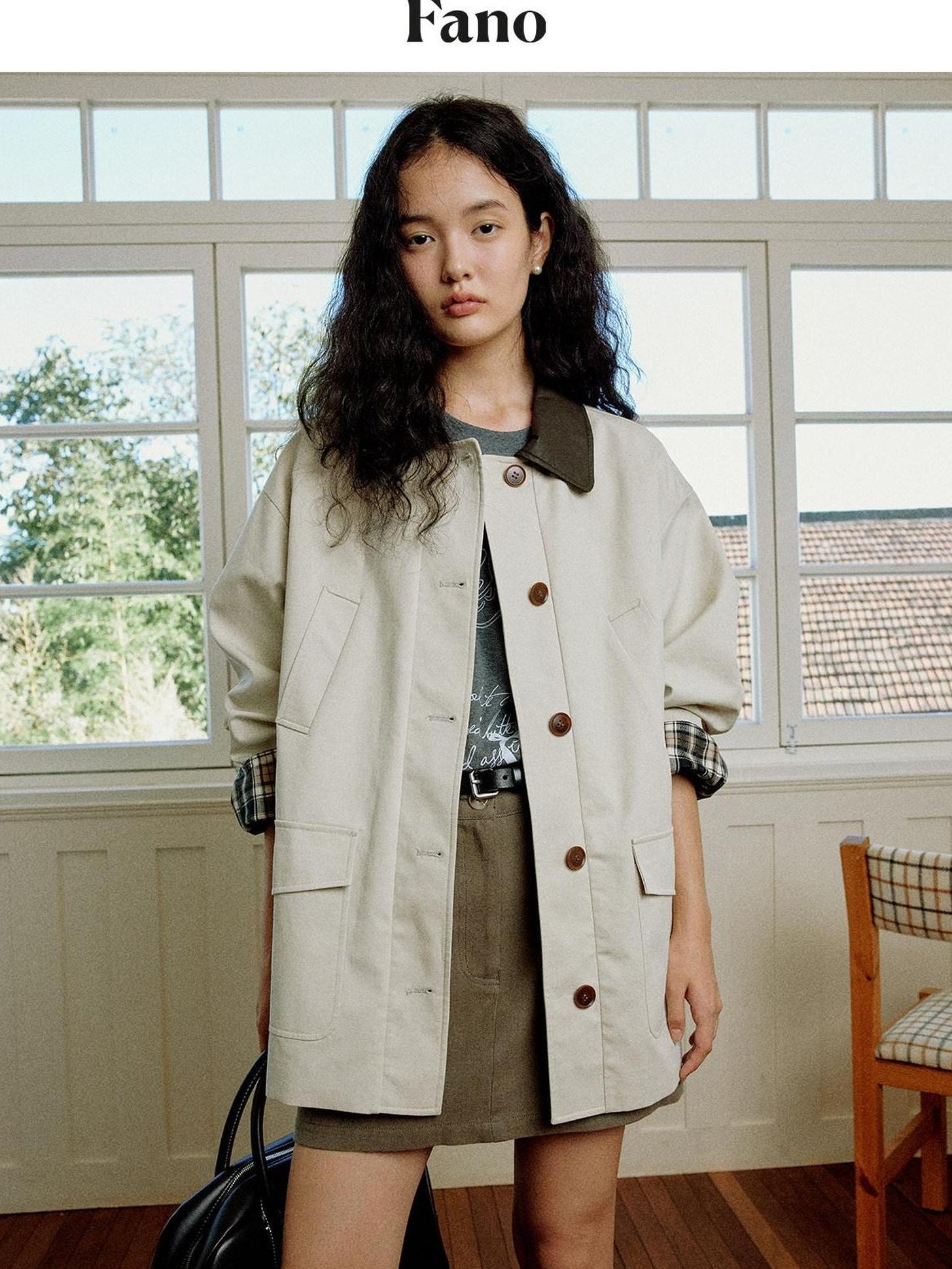 fano Patchwork Loose Fit Korean Casual 100 Percent Cotton Green Khaki Short Coat