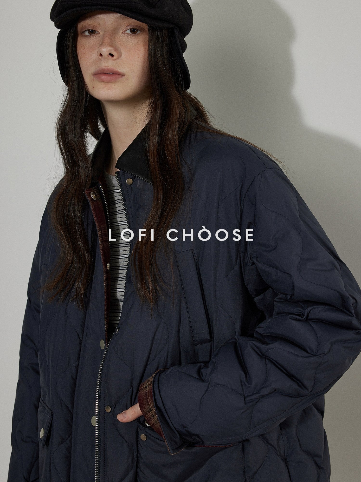 Lofi choose 90 Percent White Duck Down Commuter Loose Fit Lapel Navy Down Jackets