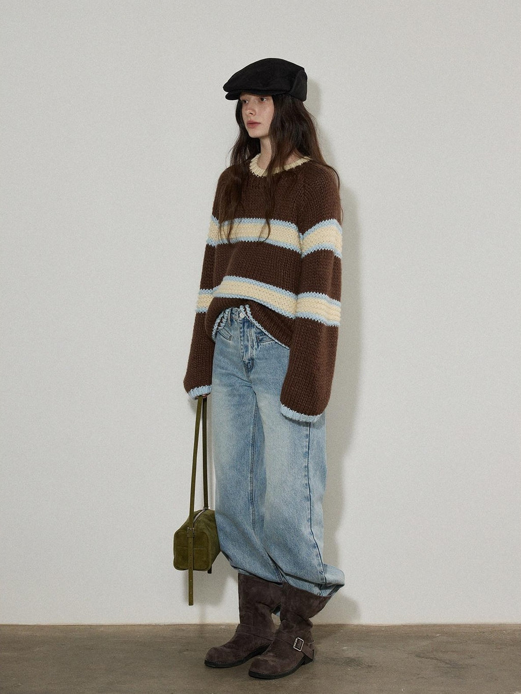 Lofi choose Cozy Acrylic Wool Colorblock Loose Fit Raglan Crewneck Striped Knit Sweaters