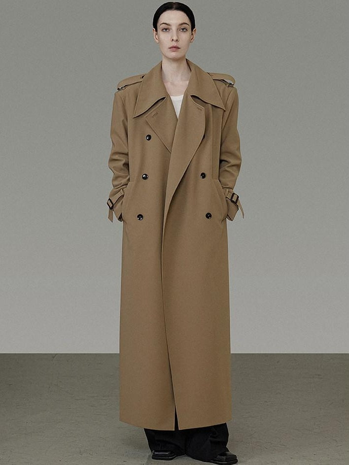 unspoken Double Breasted Straight Minimalist Office Tea Brown Longline Women Trench Coats