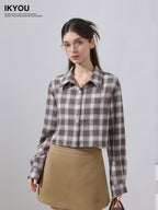 ikyou Embroidered Plaid Crop Slim Fit Collared Long Sleeve Casual Women Brown Shirts