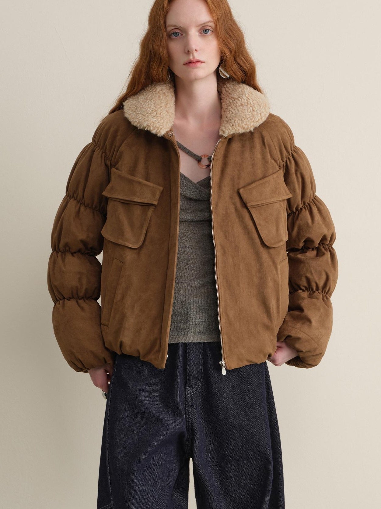 someonesometimes Thick Insulated Casual Loose Lantern Sleeves Women Zip Front Puffer Jackets