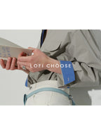 Lofi choose Soft Pure Cotton Colorblock Loose V-neck Button Long Sleeve Womens Navy Shirts