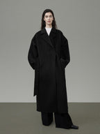 unspoken 100 Percent Wool Minimal Straight Long Tie Office Women Black Wool Coats