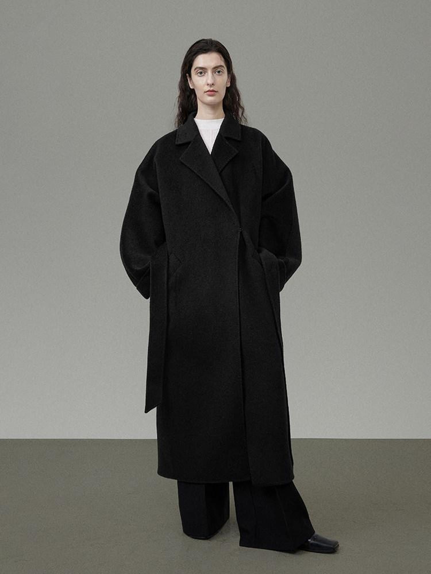 unspoken 100 Percent Wool Minimal Straight Long Tie Office Women Black Wool Coats