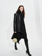 audreyyang Soft Lambskin Vintage Loose Fit Collarless Black Woven Women Leather Jackets