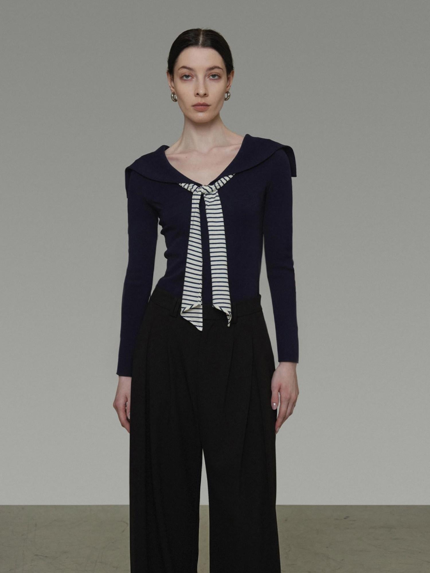 unspoken Breathable Knit Slim Fit Vintage Sailor Collar Colorblock Long Sleeve Blouses
