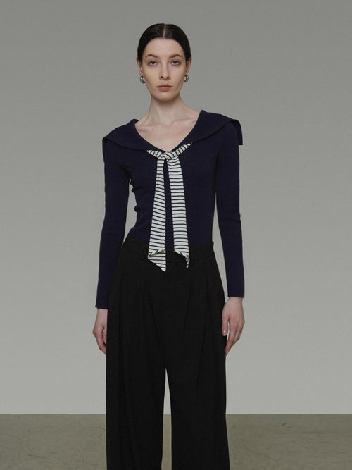 unspoken Breathable Knit Slim Fit Vintage Sailor Collar Colorblock Long Sleeve Blouses