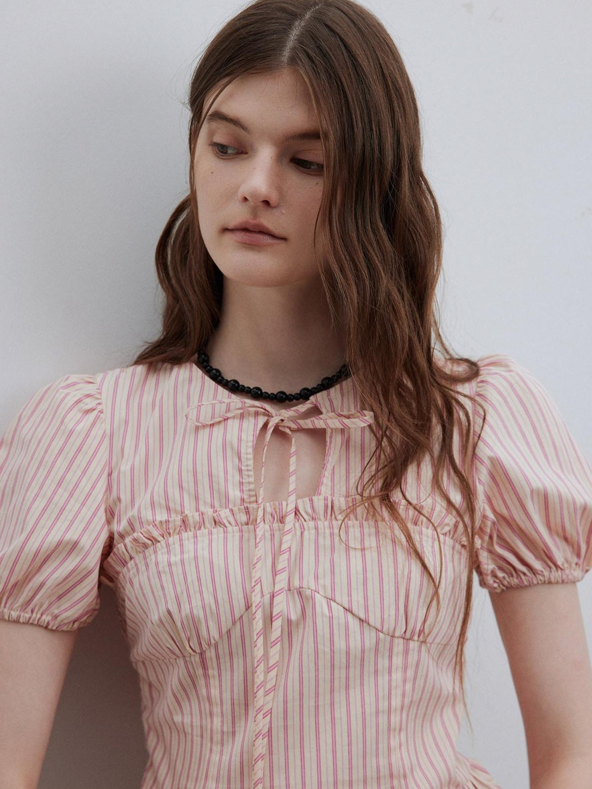 Lofi choose Puff Sleeve Tie Neck Loose Fit Office Workwear Short Sleeve White Pink Blouses