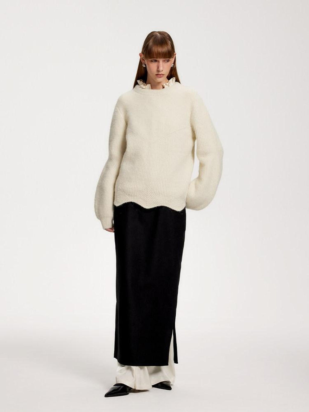 someone sometimes Recycled Viscose Wool Blend Commuter Crew Neck Pullover Cream Sweaters