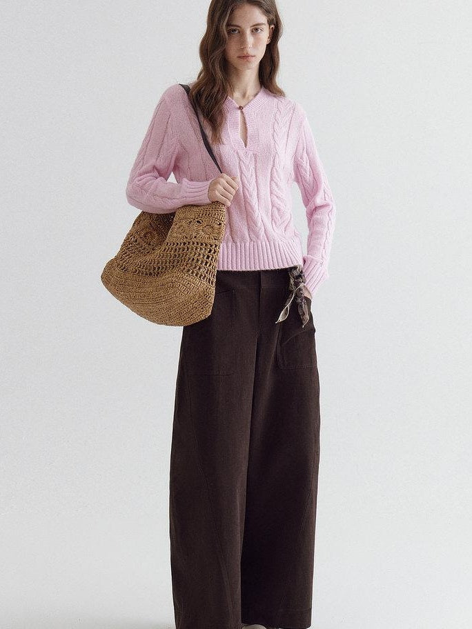 fano High Waist Cotton Warm Minimal Commuter Pocket Button Women Brown Wide Leg Pants