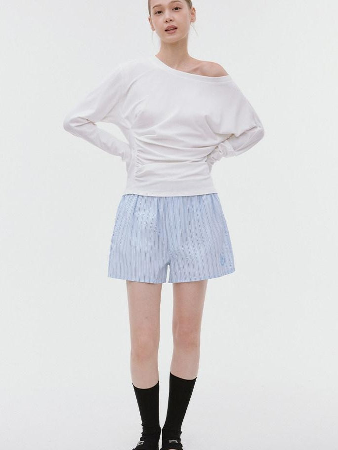 fano Elastic Waist Minimal Commuter Straight Cotton Blend Mist Blue Mid-Length Shorts