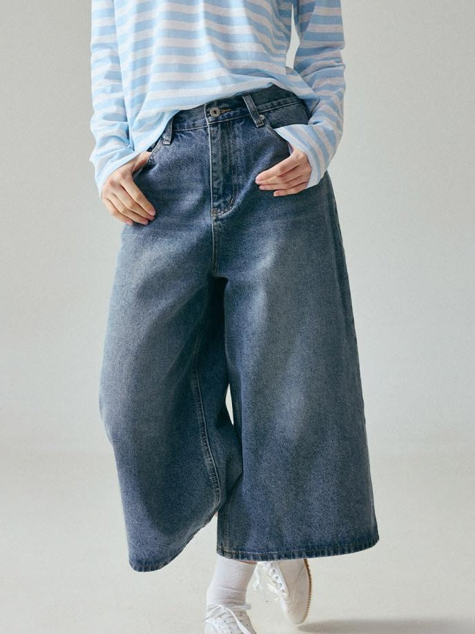 fano Natural Waist Loose Fit Ankle Crop Denim Casual Blue Youth Straight Leg Jeans