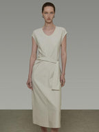 unspoken Cotton Blend Tie Waist Minimalist Commuter Short Sleeve U Neck Maxi Dresses