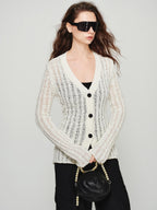 audreyyang Lightweight Openwork Slim V-neck Button Knitted Cotton Women Cardigans