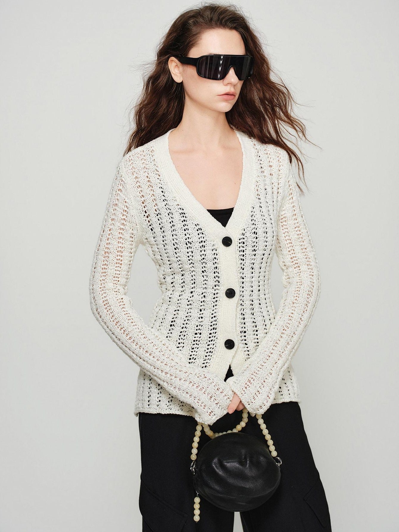 audreyyang Lightweight Openwork Slim V-neck Button Knitted Cotton Women Cardigans