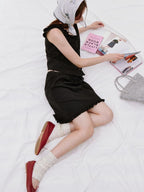 fano Figure Flattering Round Neck Black Two Piece Women S M L Top & Skirt Sets