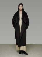 unspoken Pure Sheepswool Long Belted Lapel Loose Tailored Office Coffee Brown Wool Coats
