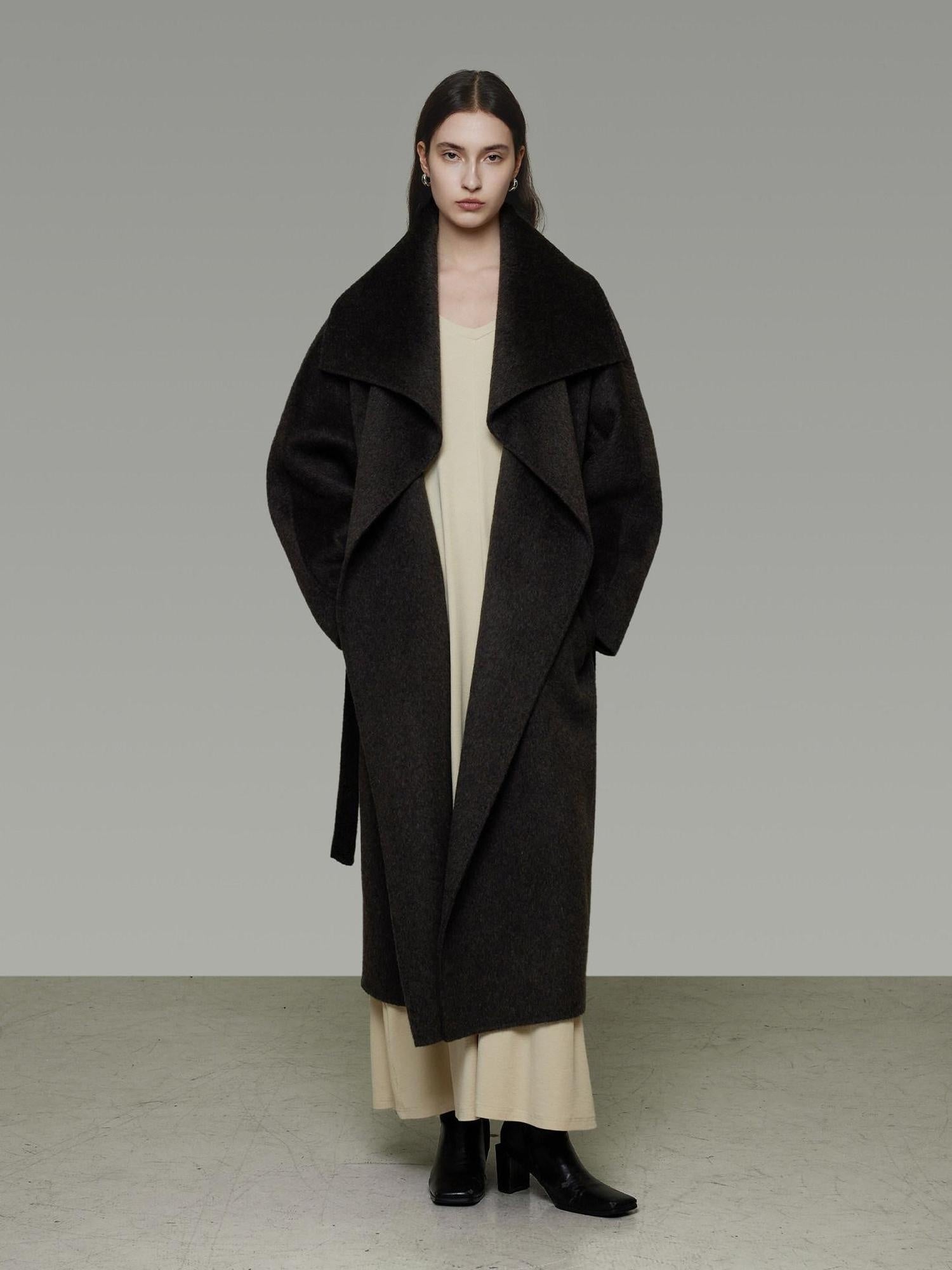 unspoken Pure Sheepswool Long Belted Lapel Loose Tailored Office Coffee Brown Wool Coats