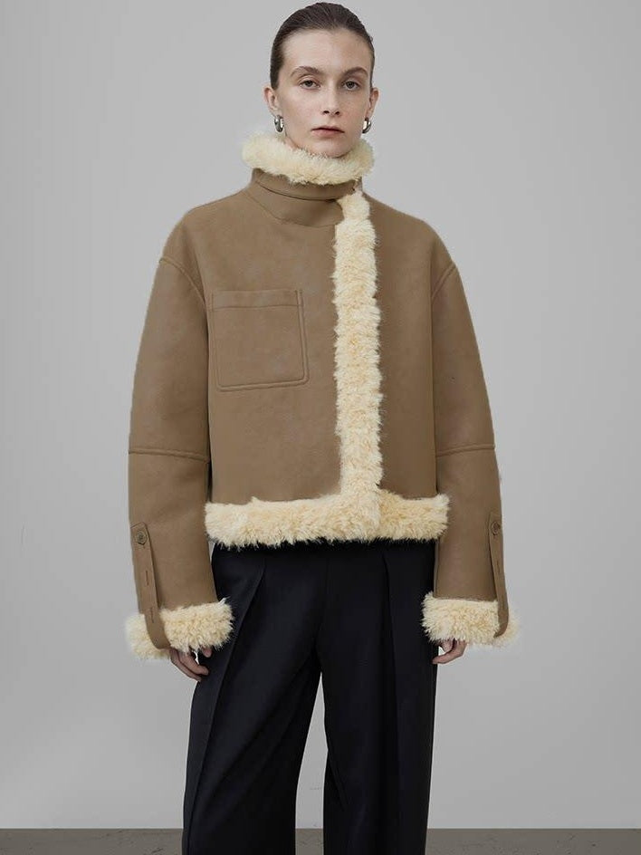 unspoken Faux Fur Pocketed Loose Fit Barn Style Brown Women Cropped Jackets