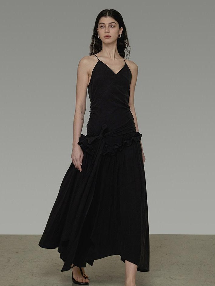unspoken Ultra Soft Tencel A Line Cinched Waist Minimalist Commuter Black Maxi Dresses