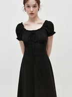 fano Structured High Waist A Line Square Neck Cotton Short Sleeve Black Maxi Dresses