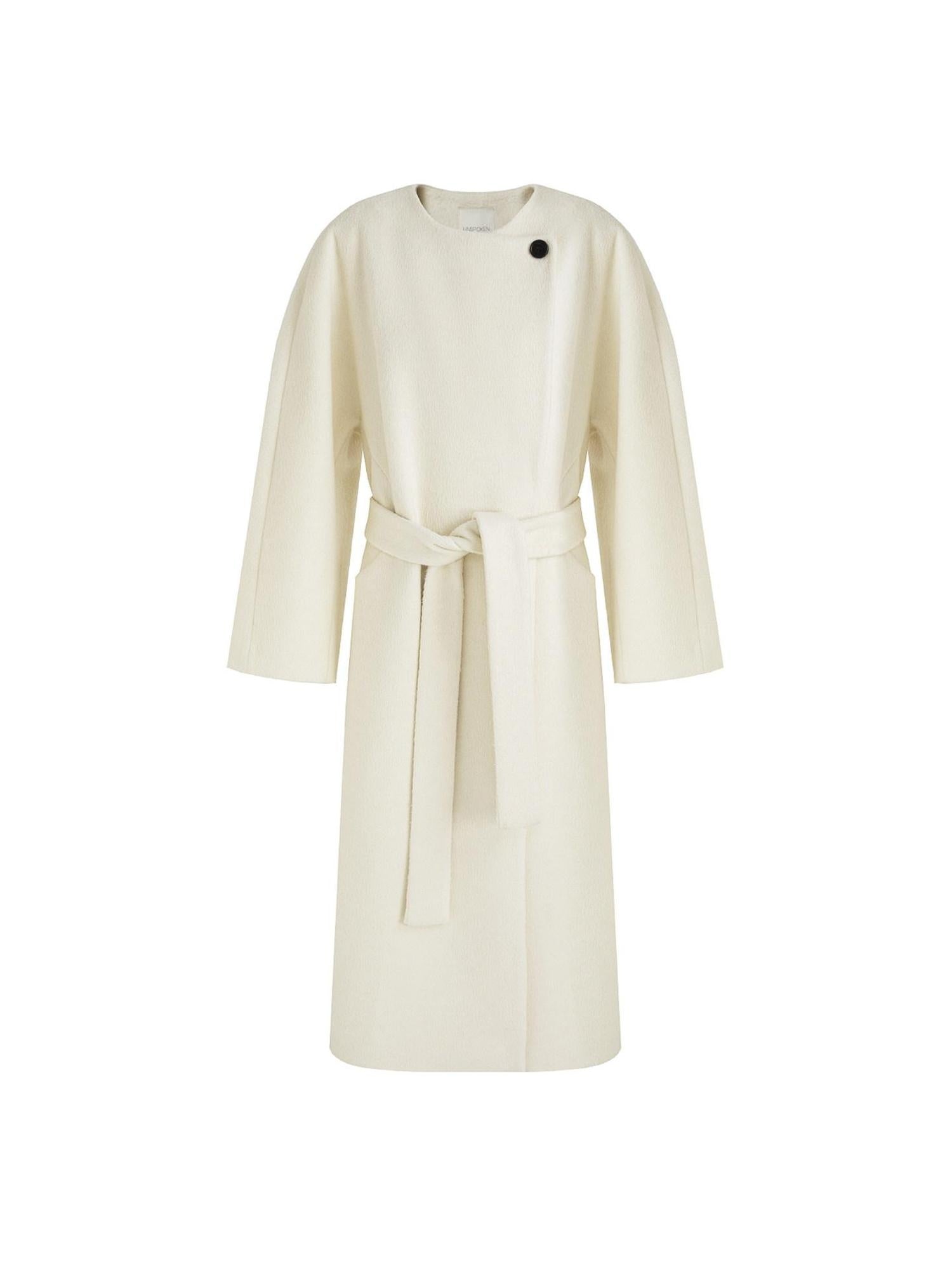 unspoken Lambswool Blend Tie Waist Oversized Commuter Longline White Wool Coats