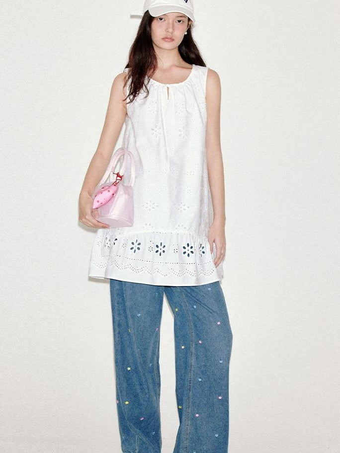 fano 100 Percent Cotton Embroidery A Line Loose Waist Sleeveless Office Midi Dresses