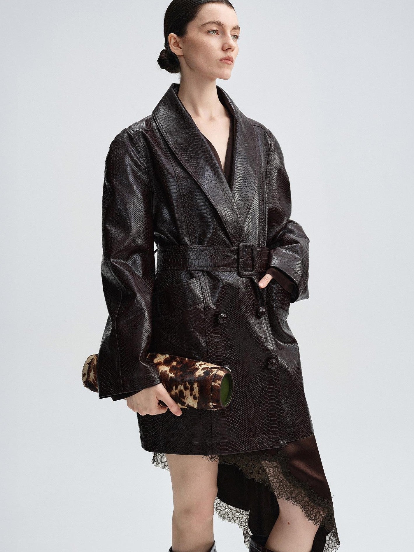 audreyyang Thick Vintage Croc Embossed Doublebreasted Midlength Women Pu Leather Jackets