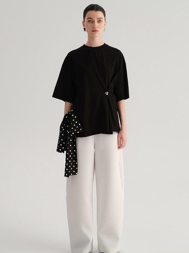 audreyyang Smart Office Natural Waist Zip Fly Polyester Blend Black White Straight Pants