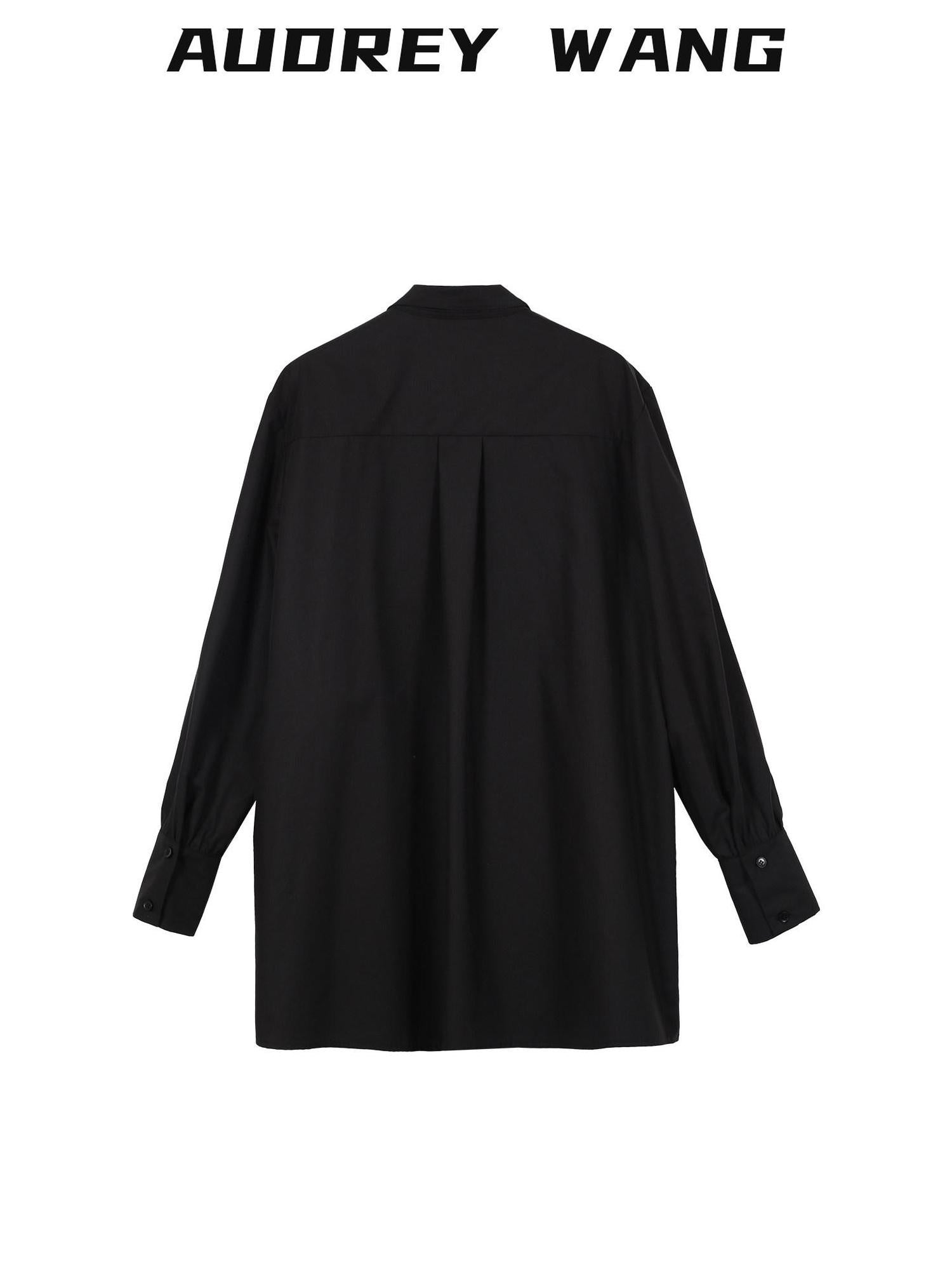 audreyyang Slimming Pleated Loose Longline Button Front Long Sleeve Women Blouses