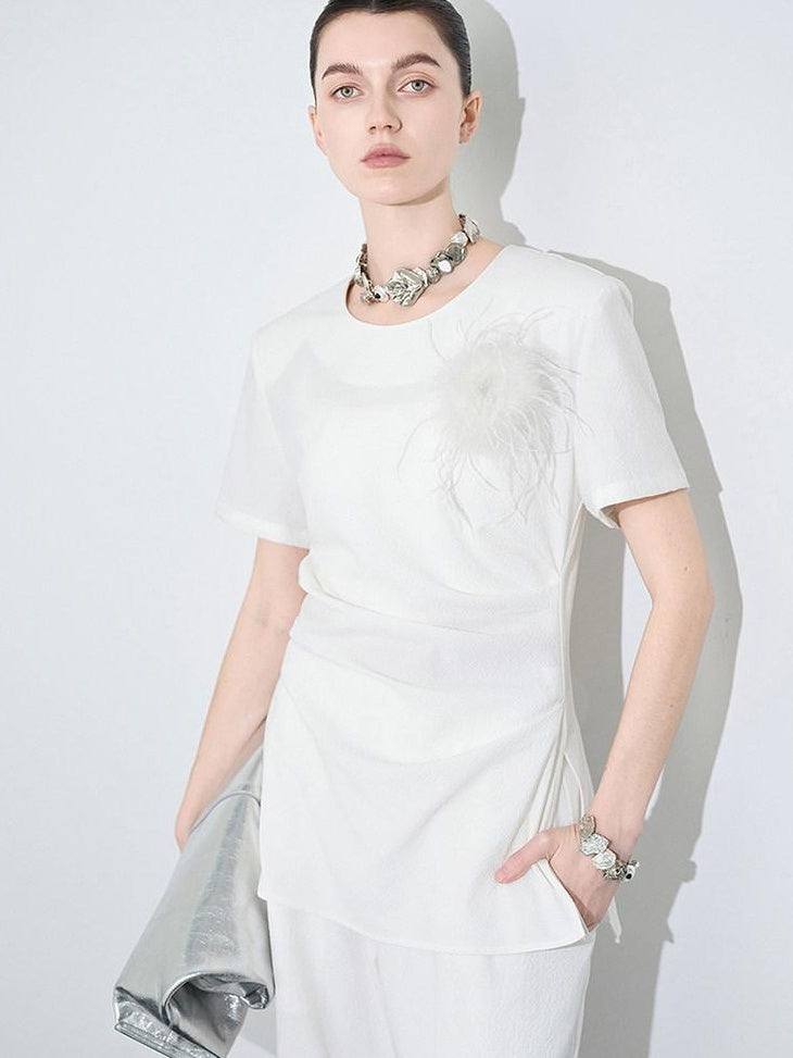 audreyyang Embroidered Slim Fit Office White Crew Neck Women Polyester Short Sleeve T-Shirts