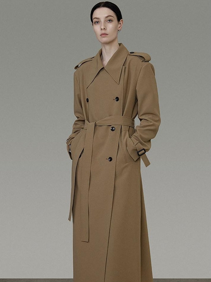 unspoken Double Breasted Straight Minimalist Office Tea Brown Longline Women Trench Coats