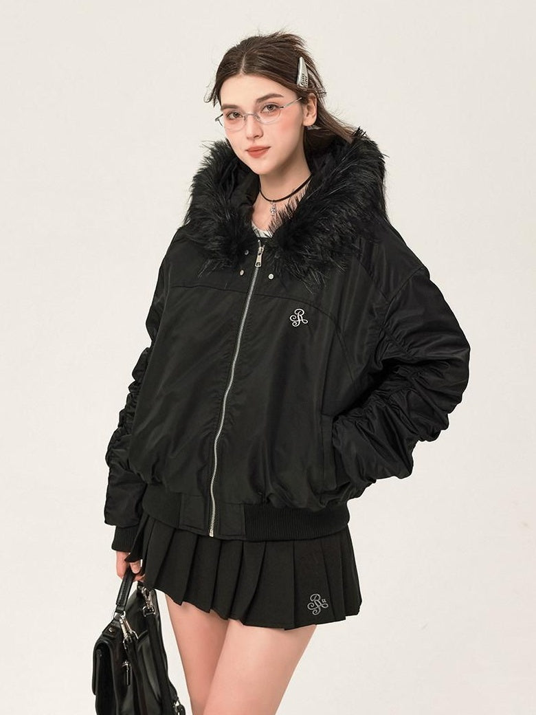 ikyou Insulated Fur Trim Hood Minimalist Straight Cut Urban Warm Nylon Puffer Jackets