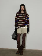Lofi choose Colorblock Striped Polo Collar Relaxed Fit Commuter Women Knitwear Sweaters