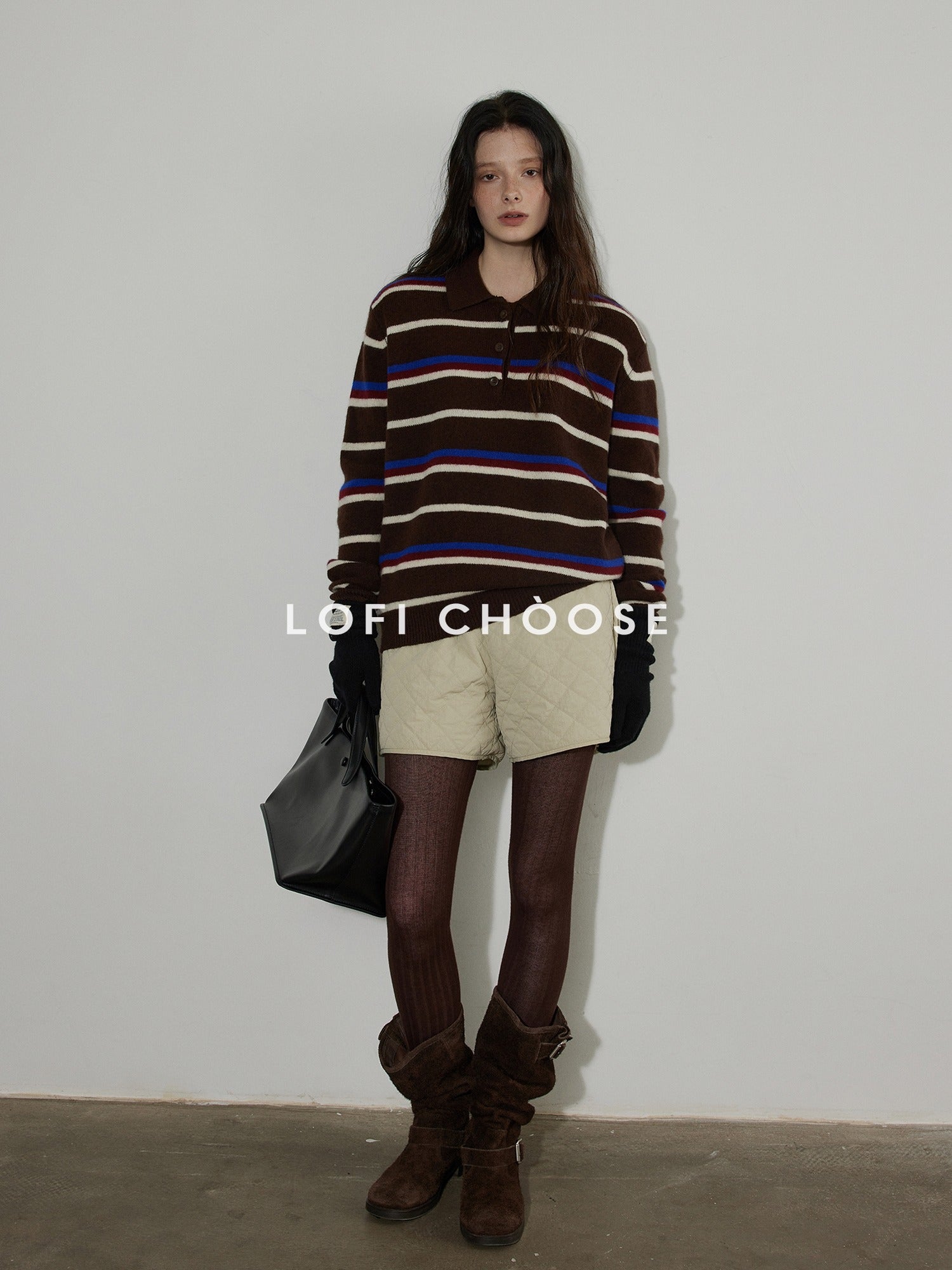 Lofi choose Colorblock Striped Polo Collar Relaxed Fit Commuter Women Knitwear Sweaters