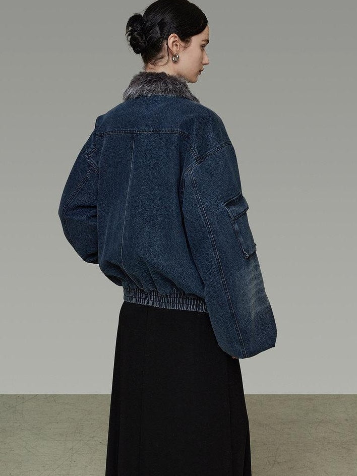unspoken Warm Cotton Blend Loose Commuter Zipper Fur Collar Blue Gray Denim Jackets