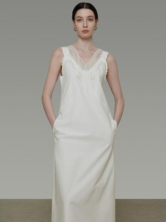 unspoken Soft 100 Percent Cotton Crochet V-neck Sleeveless Office White Maxi Dresses