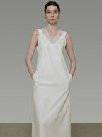 unspoken Soft 100 Percent Cotton Crochet V-neck Sleeveless Office White Maxi Dresses