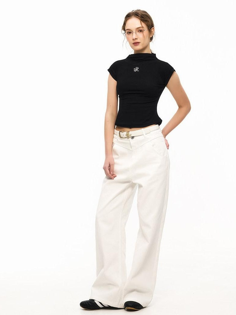 ikyou Cooling Wrinkle Free Slim Crop Half High Neck Solid Short Sleeve T-Shirts
