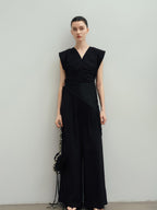 audreyyang Drawstring Pleated Loose V-neck Black Solid Women Off Shoulder Crop Tops
