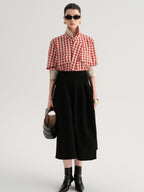 audreyyang Vintage Plaid Loose Fit Long Sleeve Collared Open Front Polyester Women Shirts
